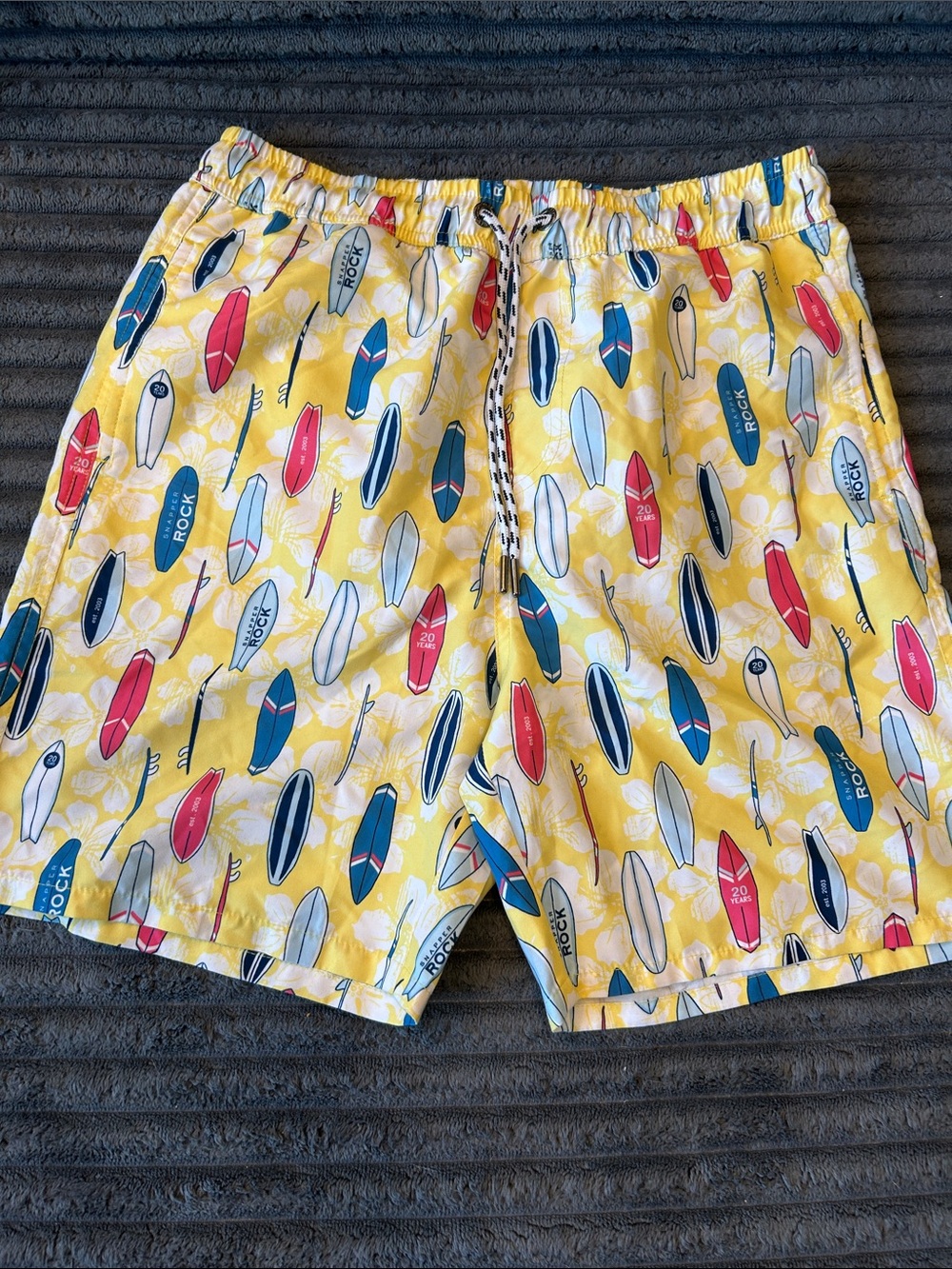 Snapper Rock Yellow Swim Shorts with Multicolor Surfboard Print